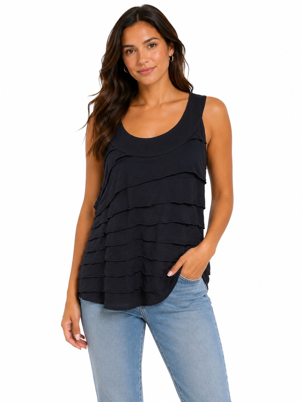Style & Co. Black Tiered Ruffle Scoop Neck Tank